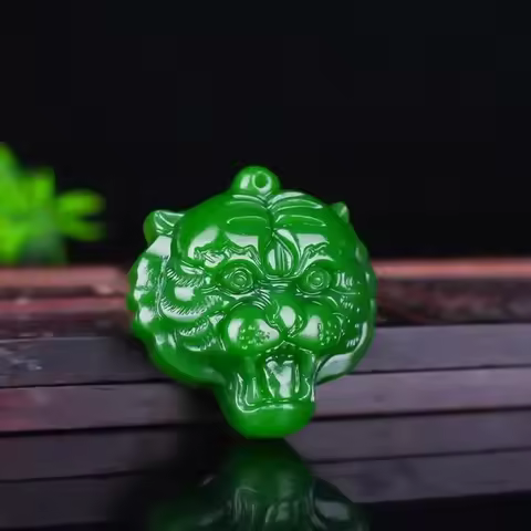 Natural Green Hetian Jade Stone Tiger Head Pendant Necklace Carved Chinese Jadeite Jewelry Charm Reiki Amulet Gifts Women Men