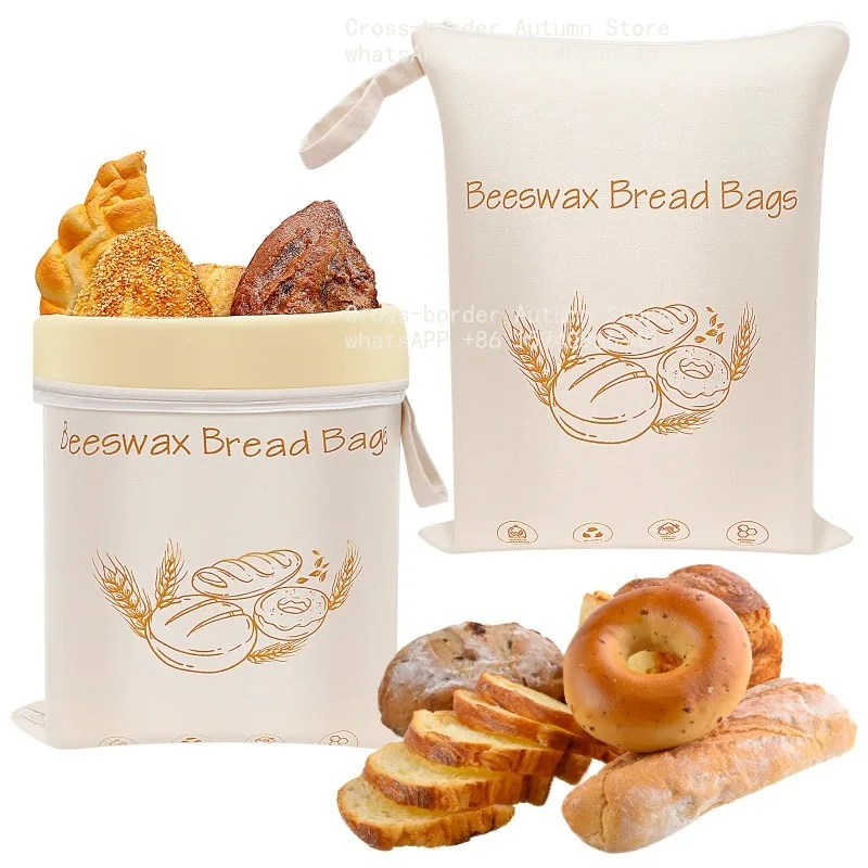 2Pcs Beeswax Bread Bag with L Shaped Zipper Large Capacity Food Storage Bag Cotton Fabric Reusable Kitchen Organizer