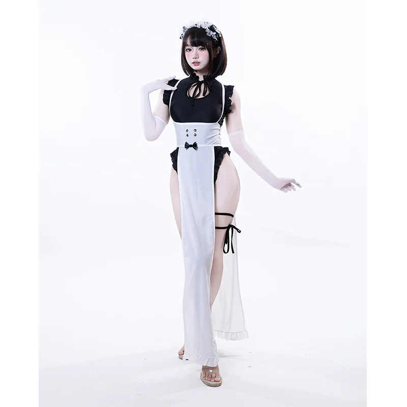 Anime Meido Kafe Cosplay Costume Women Sexy Battle Maid Dress Uniform Ruffle Bodysuit Jumpsuit Slit Long Apron Outfits Halloween