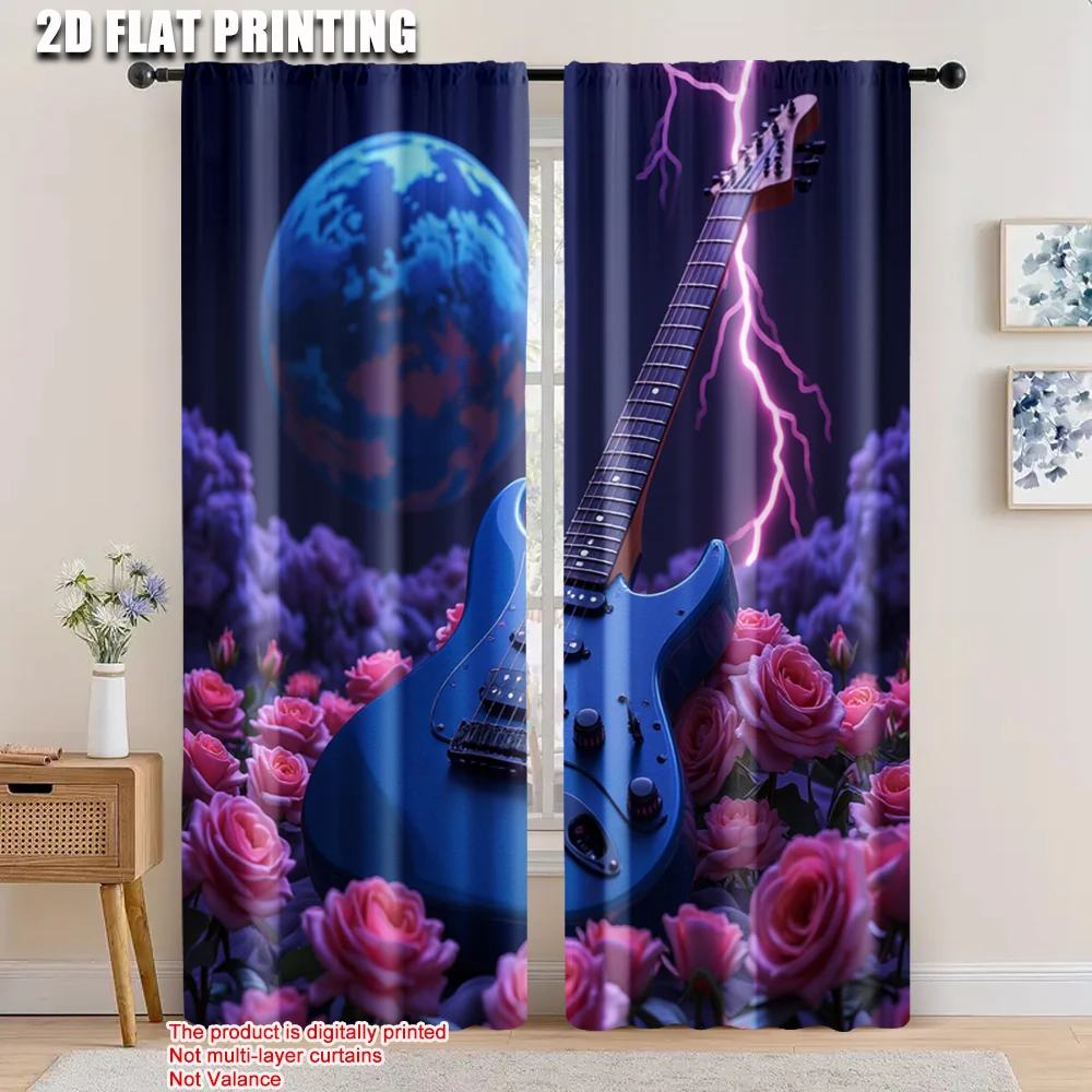 

2pcs, 2D flat printing Drapes roses and guitar Versatile Durable Polyester,Without Electricity Holiday Decorations Applies to
