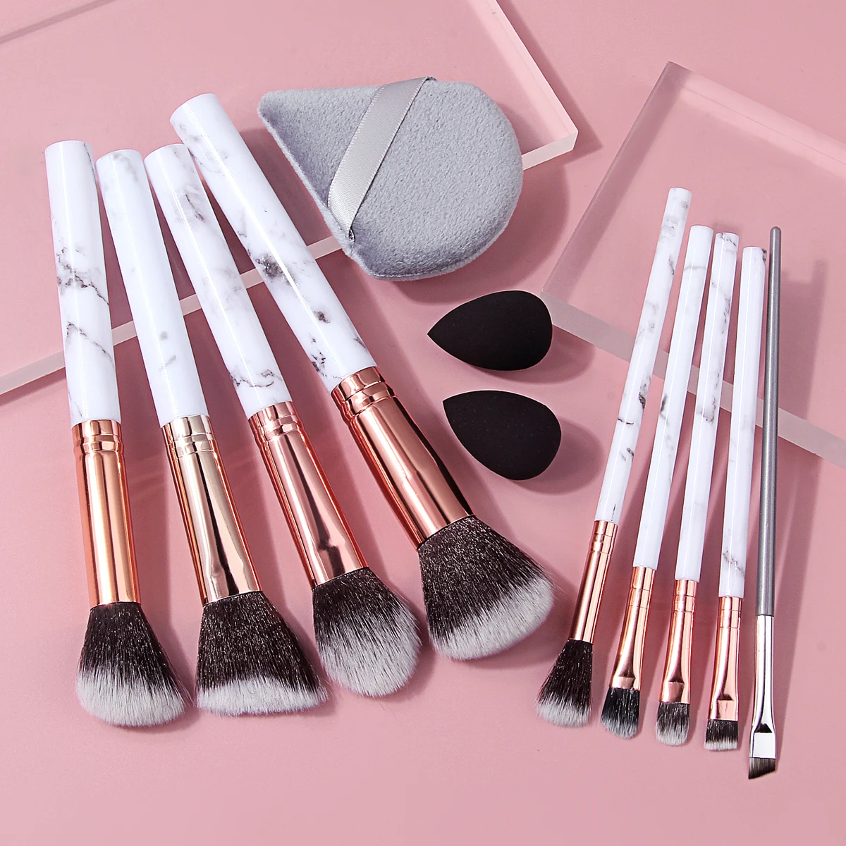 10Pcs Marble Makeup Brushes Face Eye Base Blush Brow Synthetic Brush With Sponge Flocking Puff Cosmetic Tools Daily Make Up Kit