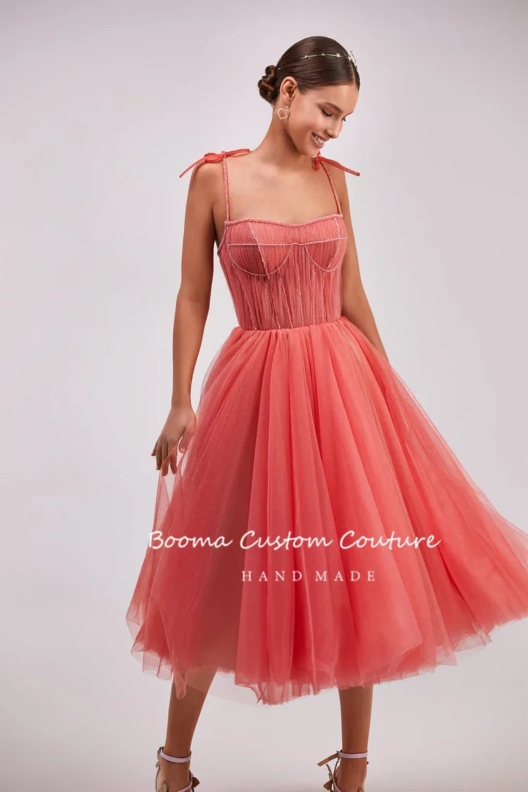 Booma Coral Tulle Midi Prom Dresses Spaghettibandjes Kralen Corset A-lijn Wedding Party Jurken Thee-Lengte Formele Partij Jassen