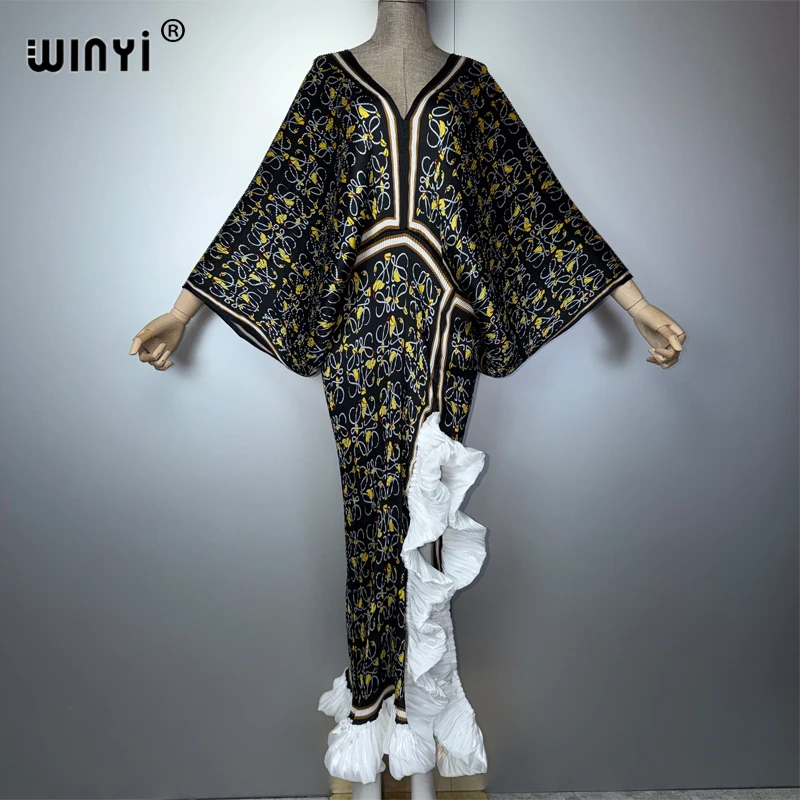 

WINYI Women's Pleated Slim Dress with High fork fashion Beach Cover up Muslim Kaftan Abaya Dubai Luxury Long Evening Dress