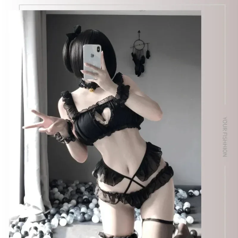 Pakaian dalam Lolita seksi Lingerie renda imut boneka bayi Kawaii Set lembut anak perempuan piyama hitam kostum Cosplay pakaian eksotis