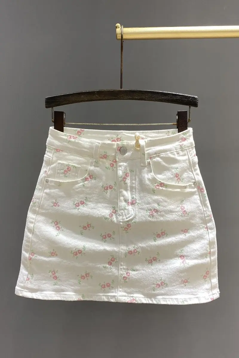 

White Floral Denim Skirt Women 2025 Summer Sweet High Waist Bodycon Mini Skirt Vintage Ruffled Hem A-Line Youthful Skirt Fashion