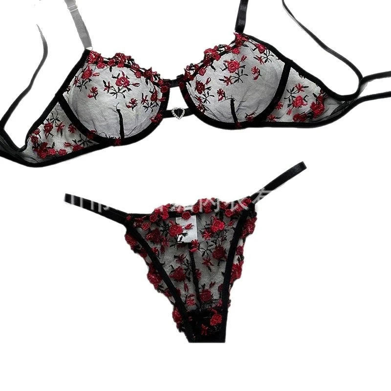 

Bikini Embroidery Hot See-Through Ultra-Thin Sexy French Lingerie Uniform Set with Thong for Women