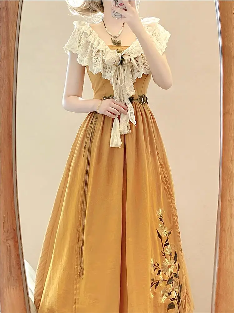 

Оригинальный комплект Lolita Sweet Retro Ele Chinese Sle CLA Series: кружевное платье JSK и короткий топ с V-образным вырезом для женщин