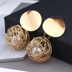 Trendy Twist Metal Wire Ball Dangle Earrings for Women Round Iron Sheet Drop Earrings Golden Party Vintage Geometry Jewelry Gift