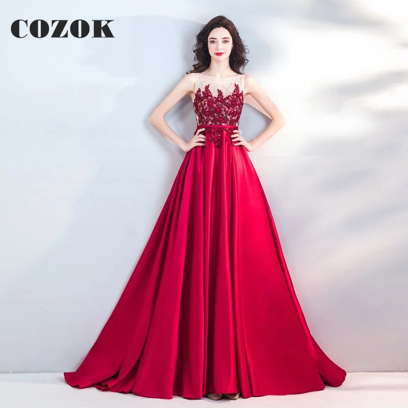 

Fashion Elegant Wine Red Satin Evening Dress O Neck A Line Modern Sleeveless Floor-Length Prom Gowns Robes De Soirée SX19