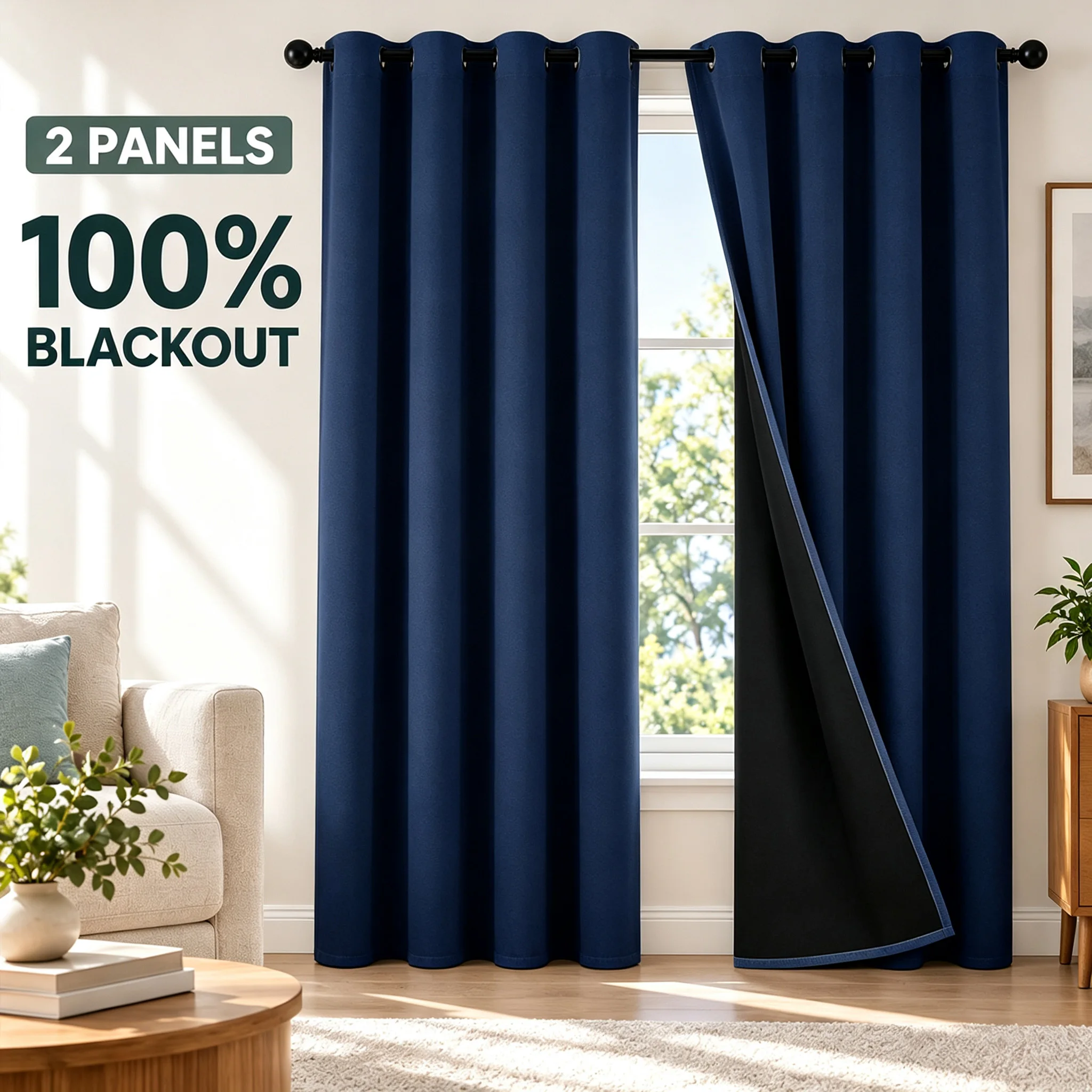[Free Buy 1 Get 1] Multi-Color 100% Blackout 2 Panels Curtains, Anti-Rust Grommet Top Waterproof Black Coated Room Darkening Drapes for Bedroom