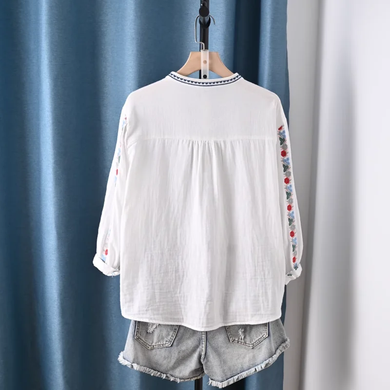 Ethnische Hemden für Damen im Sommer, Stickerei-Hemden im mexikanischen Stil, Blusen mit neun Punkten, Sommer-Oberteile aus Baumwolle für den Urlaub