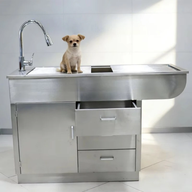 Stainless‑Steel Veterinary Operating Treatment Table with Drawer, Pet Waste Disposal Workbench for Animal Vet Clinic Use