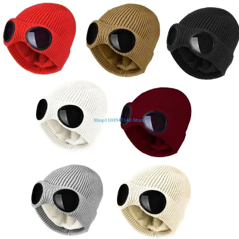 

P88B Ski Hat With Goggles Ski Goggle Beanie Funny Beanie Crochet Hat Knitted Beanie Hat Party Hat Skulli Beanie Hat