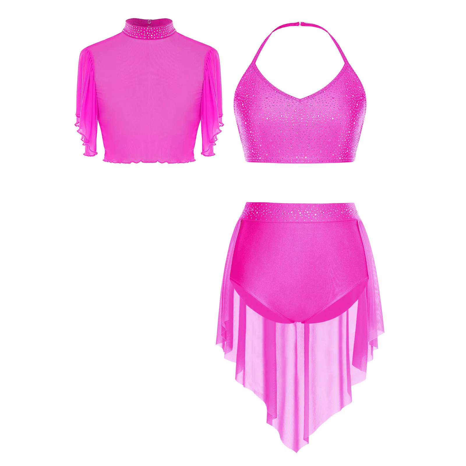 

Women Figure Skating Dance Lyrical Dance Costume Glitter Vest Crop Tops Mesh Cover Up and Skirted Shorts for Dance Class Stage