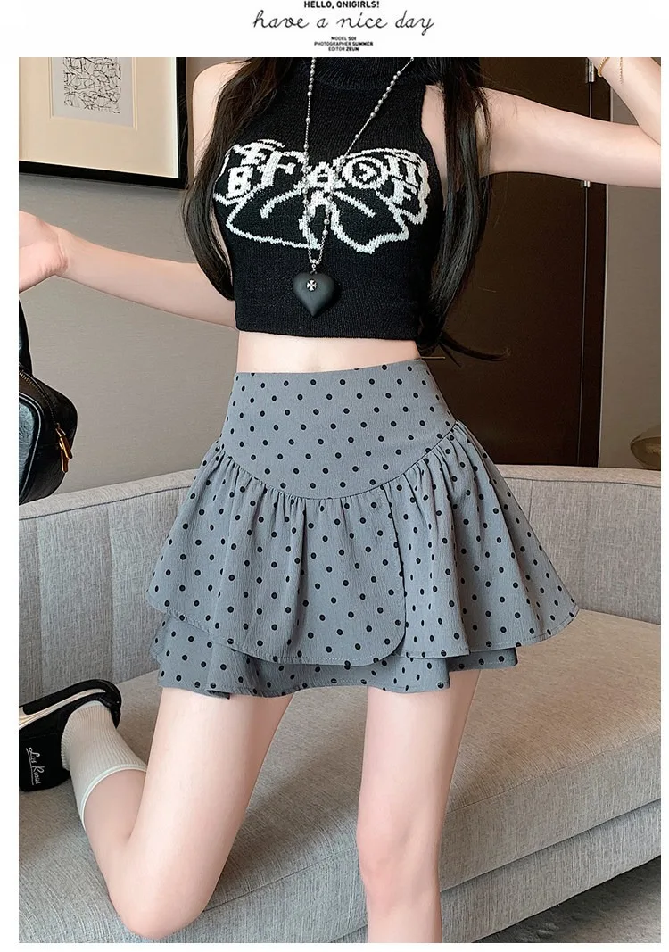 Koreanischer Stil Damen Polka Dot Minirock Hohe Taille Rüschen A-Linie Lässiger Pendler-Kurzrock mit Innenfutter – Detail 8