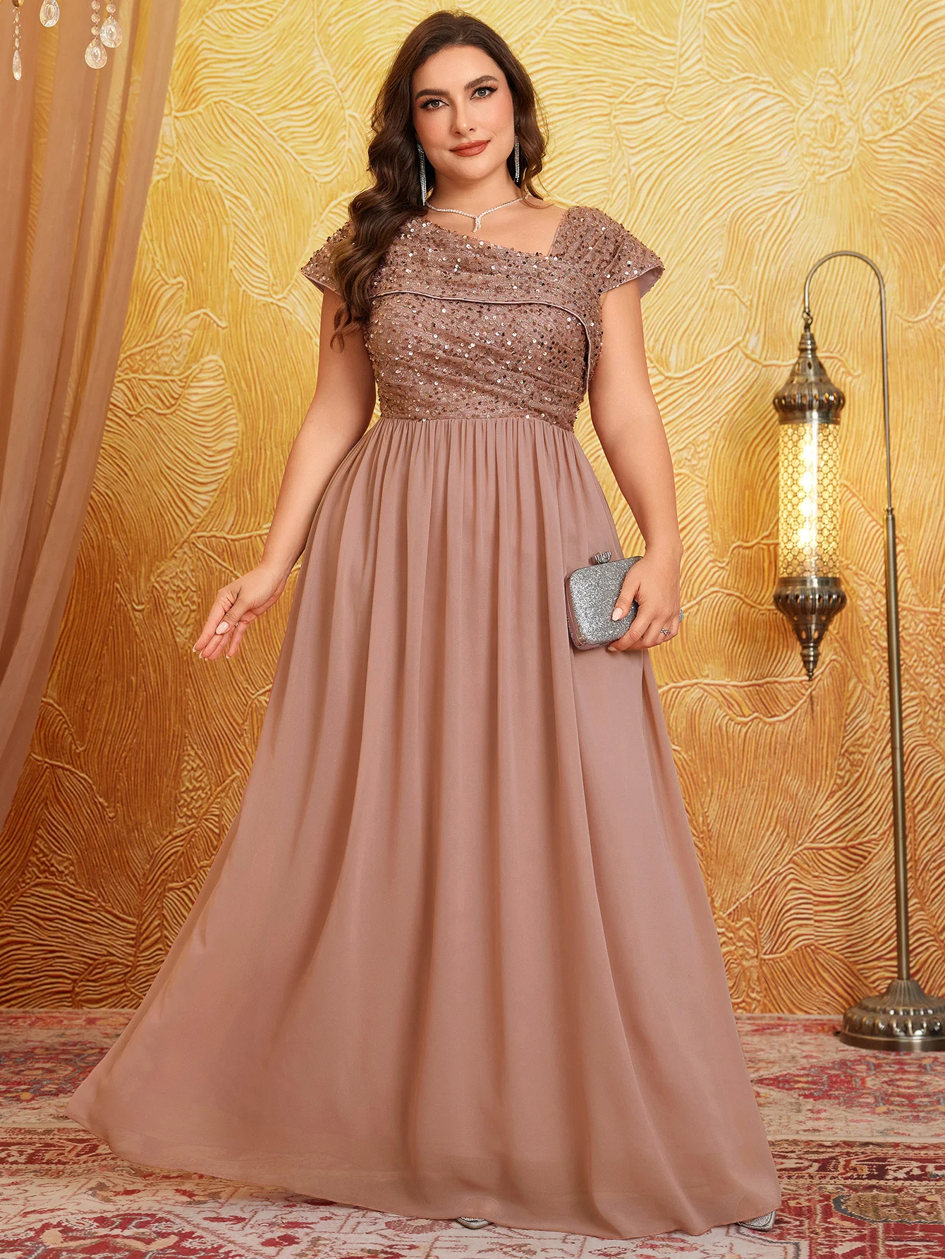 

UNITHORSE Plus Size Asymmetrical Neck Pleats Design Chiffon Dress With High Sense Of Luxury And Elegance, Decor With Sparkling S