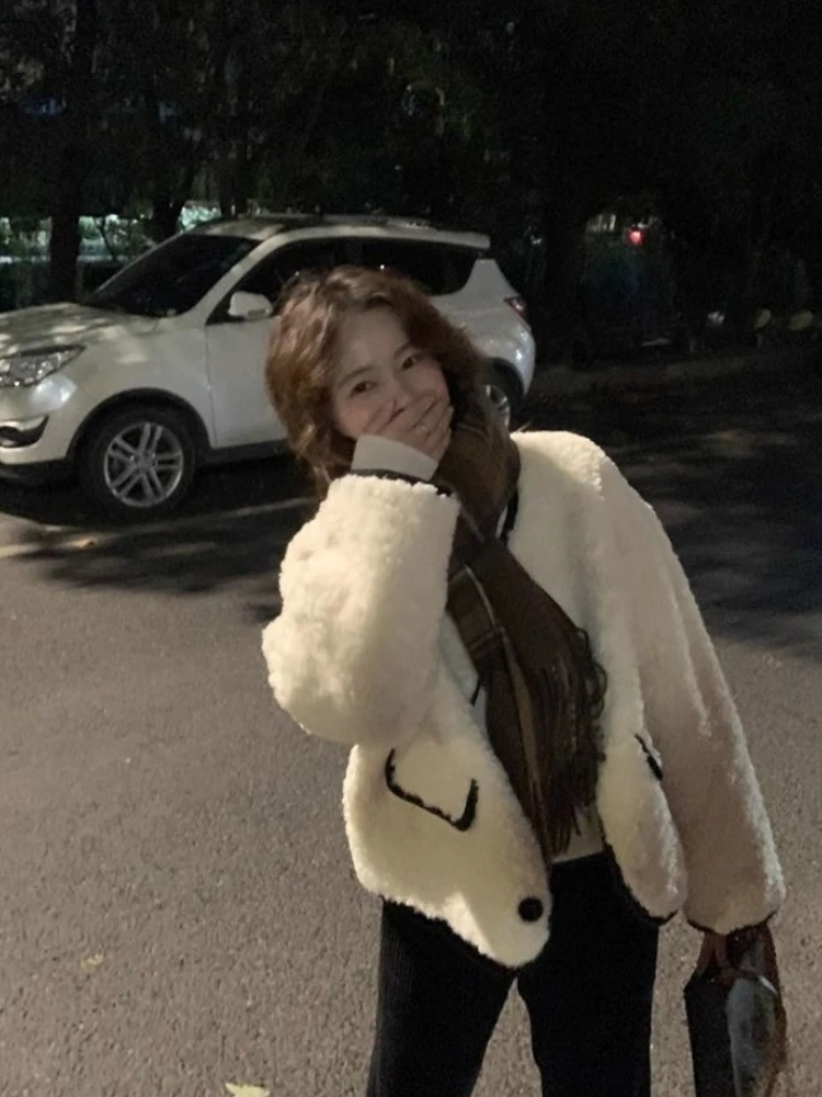 

​ Корейская дубленка для миниатюрных женщин, осень-зима 202, утолщенная свободная хлопковая куртка с подкладкой из искусственного меха ​