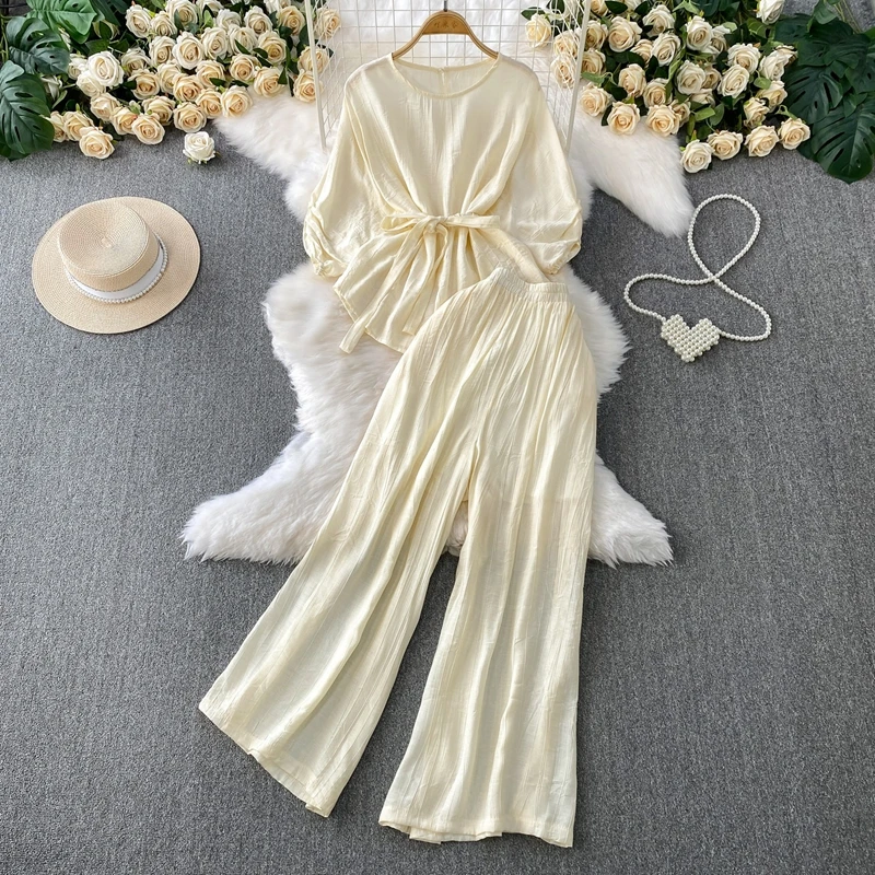 

New in Matching Set Fashion Round Neck Bat Sleeve Shirt Top High Waist Wide Leg Pants Casual Two-Piece Set