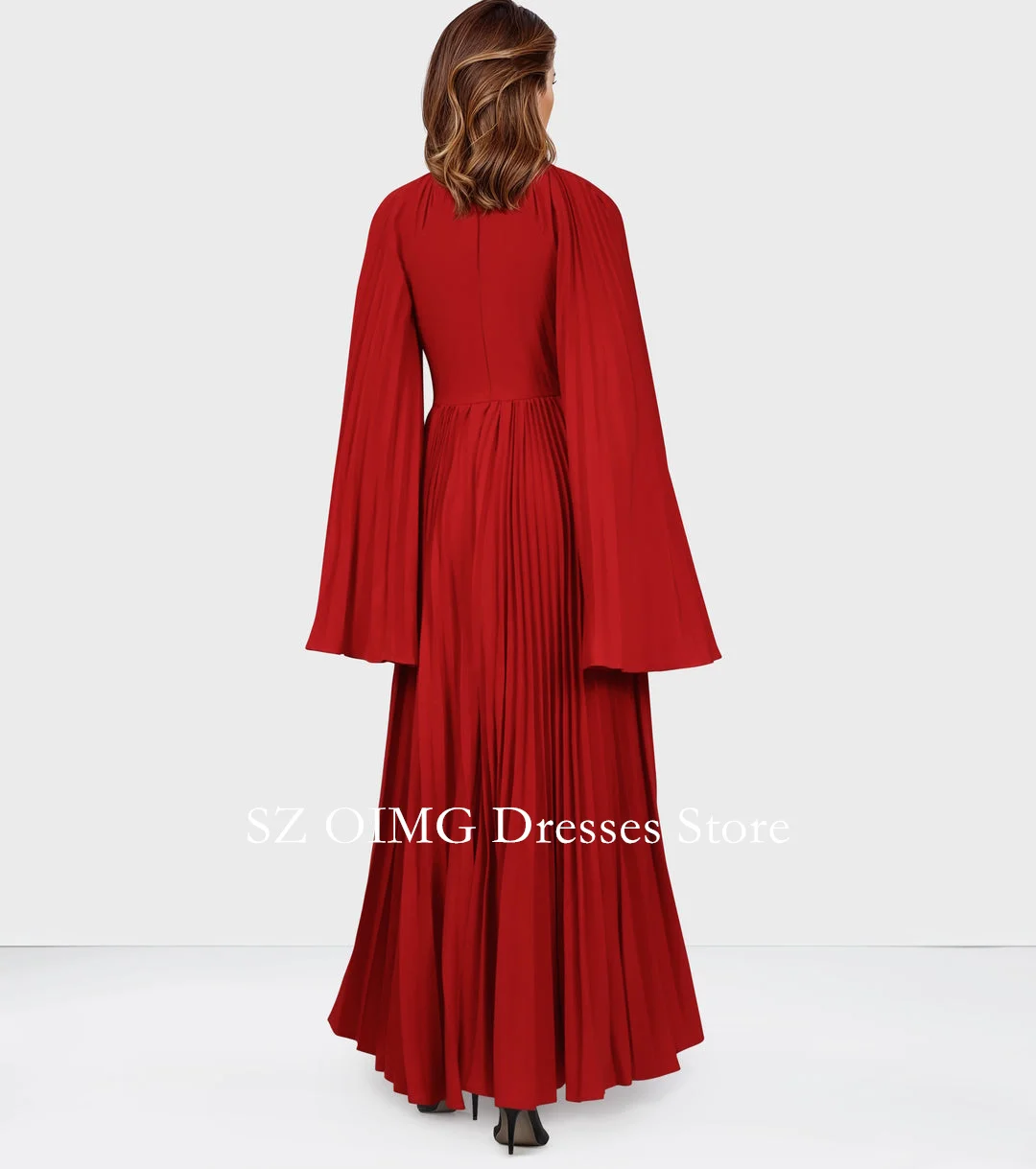 OIMG New Design High Neck Red Prom Dresses Full Sleeves Saudi Arabic Crepe Satin Pleated Women Evening Gowns Formal Party Dress