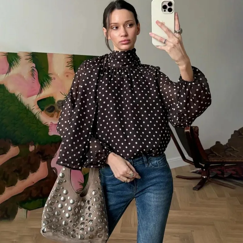 

Talenza Elegant Polka Dot Shirts Women's Casual Loose Bow Lace-up Patchwork New Shirt Top Vintage Commuting Chic Women's Blouse