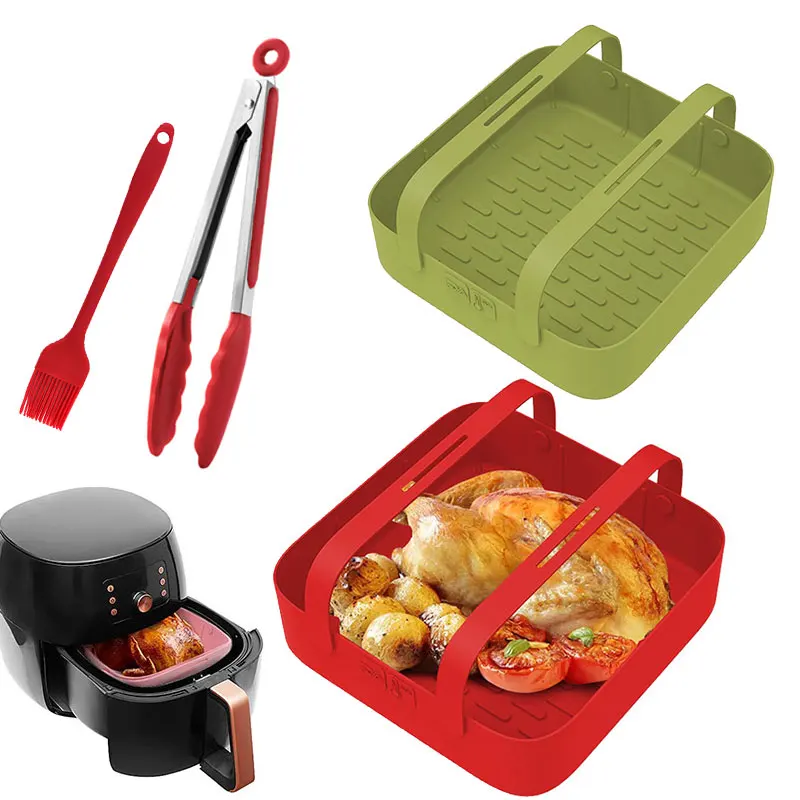 Bandeja para hornear horno Airfryer, revestimiento de silicona antiadherente para Airfry, cesta para Pizza, pollo frito, bandeja para hornear con cepillo y pinzas para alimentos, 3 uds.