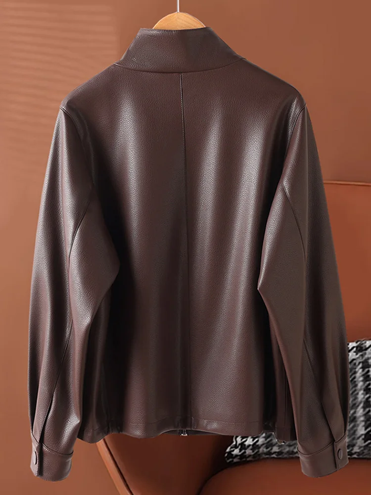 New Women Simplicity Loose Split Leather Jacket Spring Autumn Fashion Stand Collar Long Sleeve Casual Daily Leather Coat