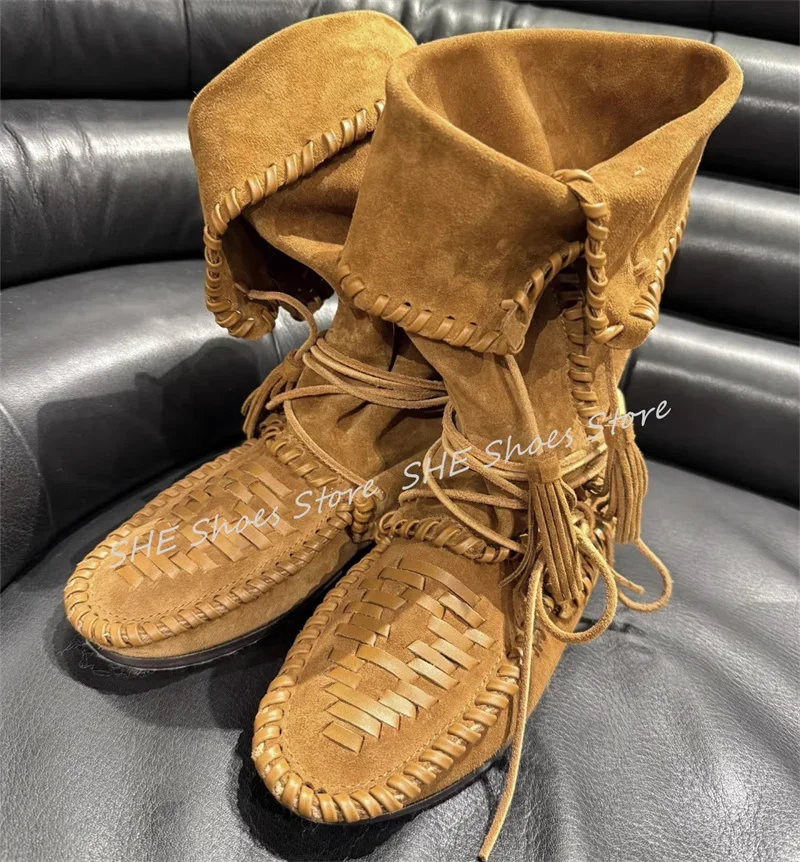

Retro Weaving Tassel Lace-up Women Western Boots Turned-over Edge Internal height Mid-calf Boots Ladies Outside Casual Shoes