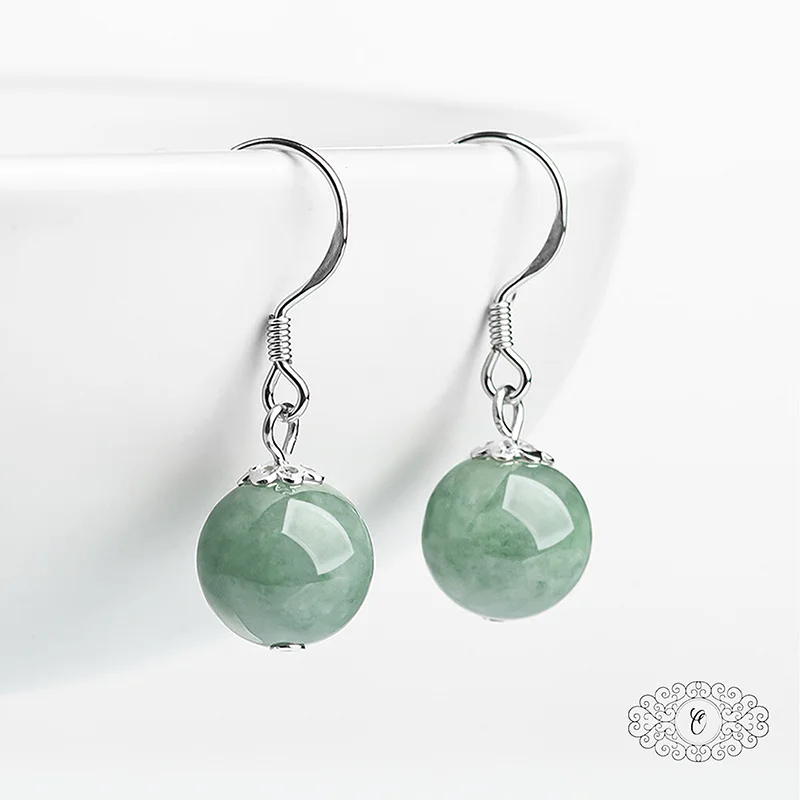

Natural Jadeite Ball Earrings, A-Grade Green Jade, S925 Silver, Chinese Style Jewelry, Elegant Lucky Gift