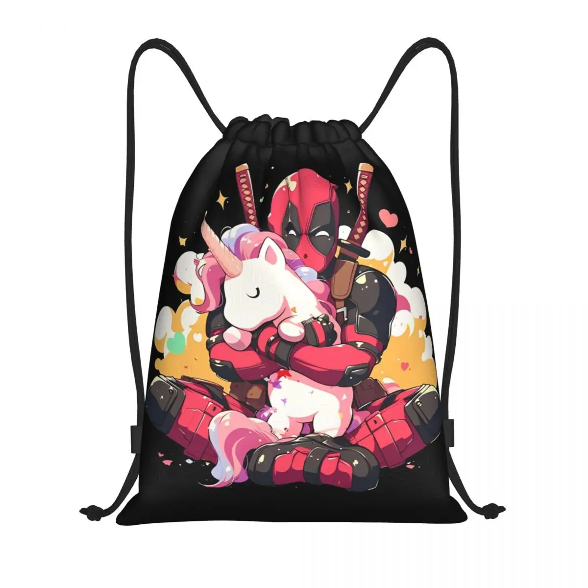 Deadpool Superhero Hold Unicorn Drawstring Backpack Sports Gym Bag String Sackpack for Hiking