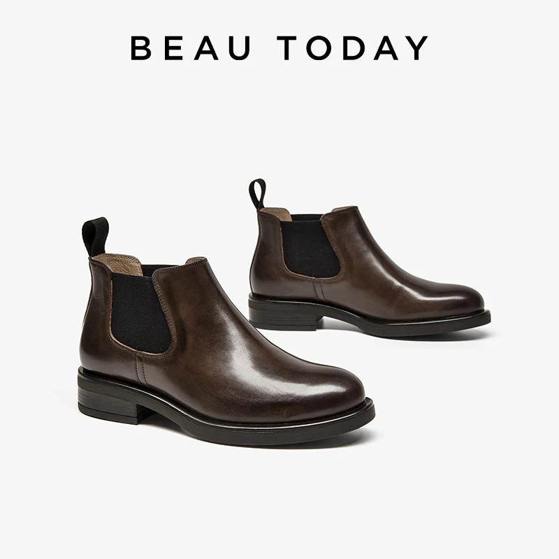 BEAUTODAY, botas Chelsea para mujer, cuero de vaca auténtico, banda elástica, punta redonda, encerado, botines sin cordones para mujer hechos a mano 03696
