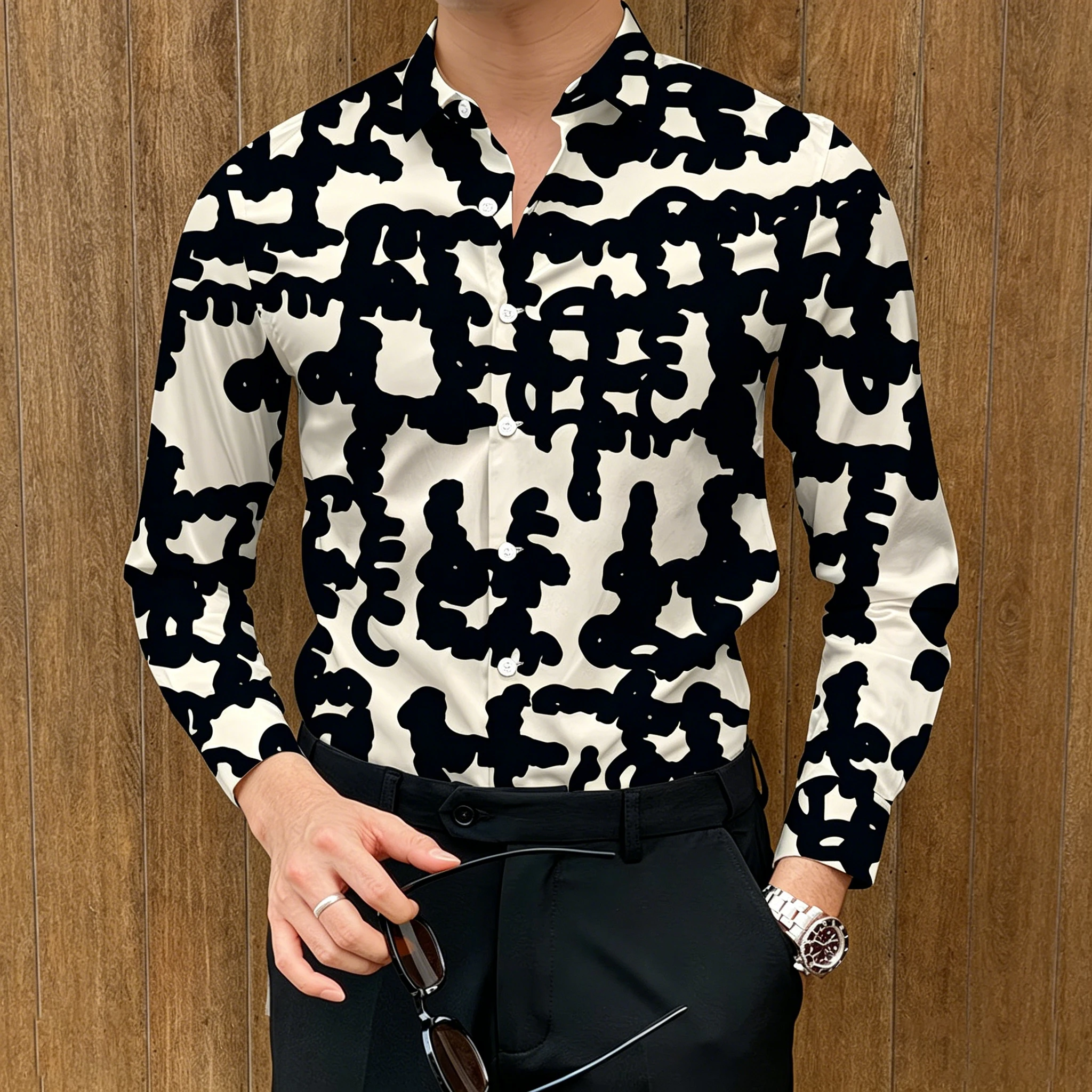 Men Long Sleeve Shirt Black White Abstract Graffiti Print Turn Down Collar Casual Button Daily Tops Men's Clothing