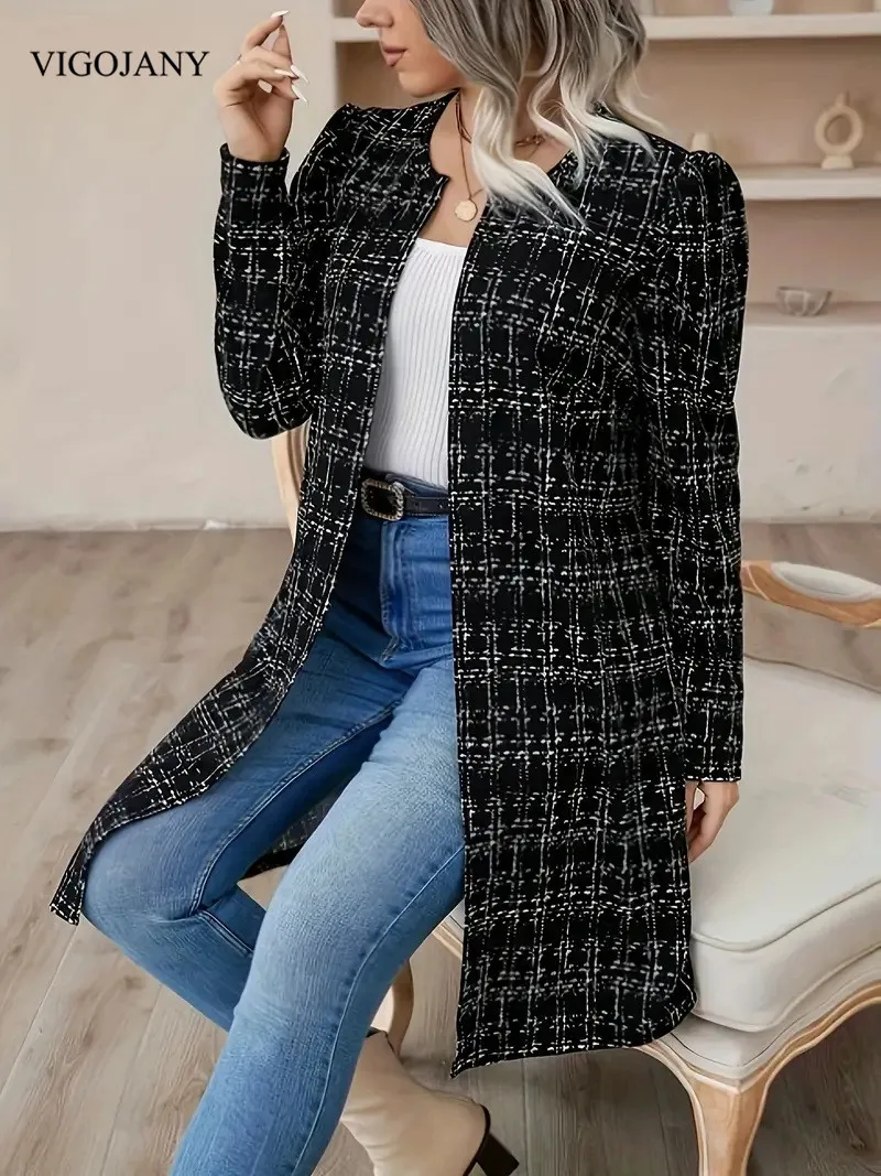 VigoJany 2025 Winter Plaid Plus Size Coat Women Casual O-Neck Large Long Sleeve Outwear Ladies Chubby Open Stitch Curvy Clothes