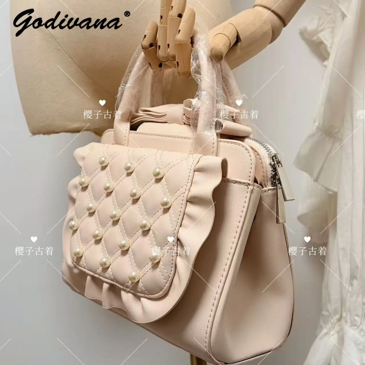 Japanese Style Pearl Diamond Quilted Pink Handbag Sweet Girl Women's Leather Crossbody Bag Cute Portable Tote Bags