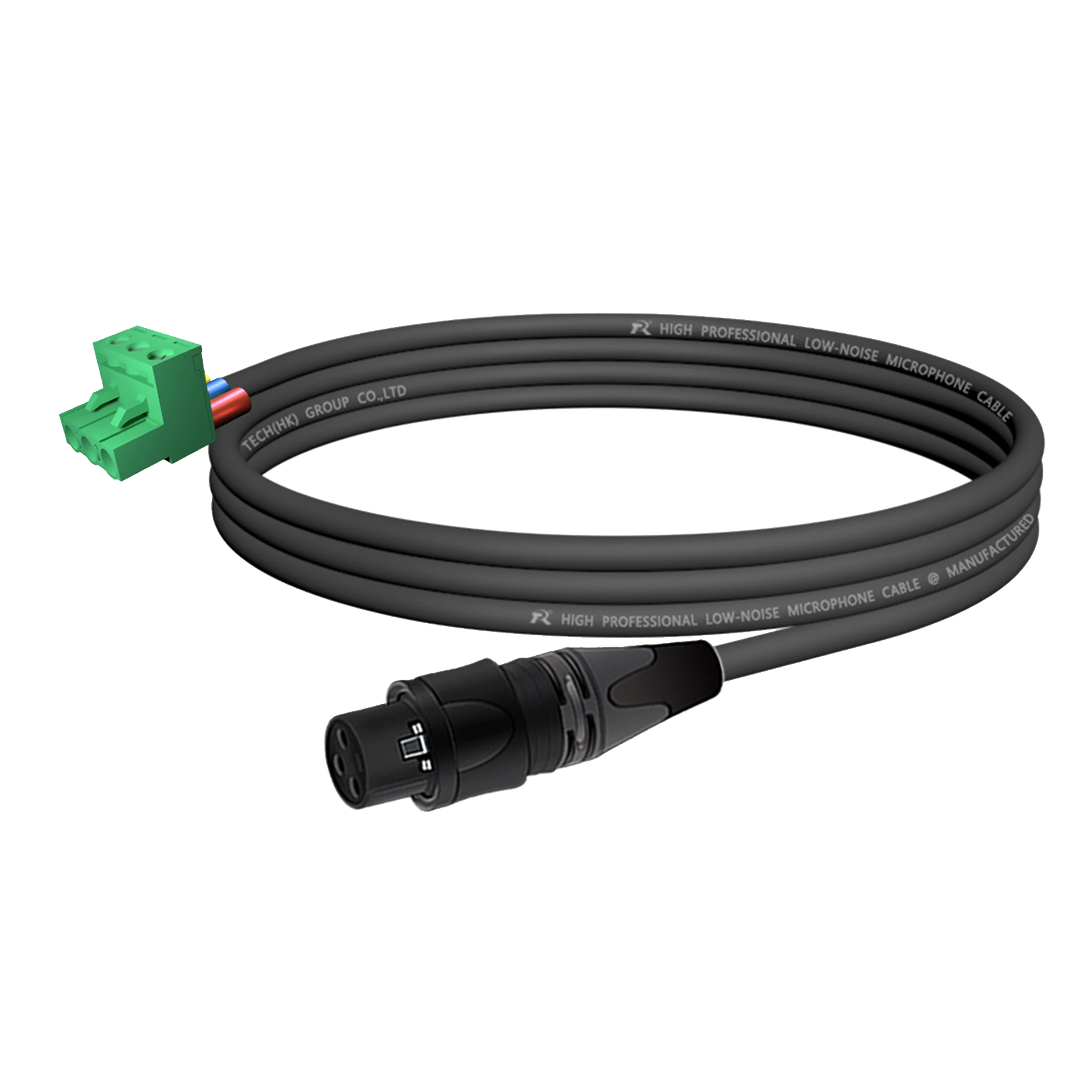 XLR mit schwarzem Rückgehäuse, mehrfarbiger rutschfester Abdeckung, verbunden mit 5,08 mm 3-poligem Phoenix-Steckeranschluss, für Audiogeräte. – Detail 8