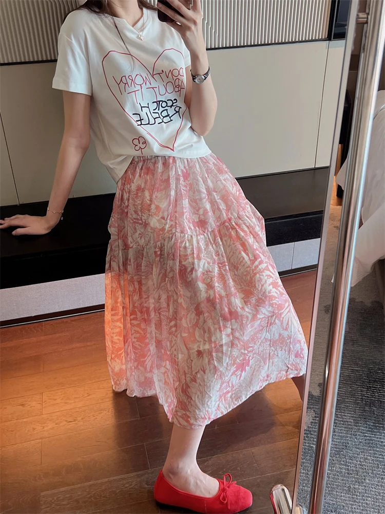 

Весенняя женская юбка миди А-силуэта с высокой талией и цветочным принтом, свободного кроя, для повседневной носки, 100% полиэстер