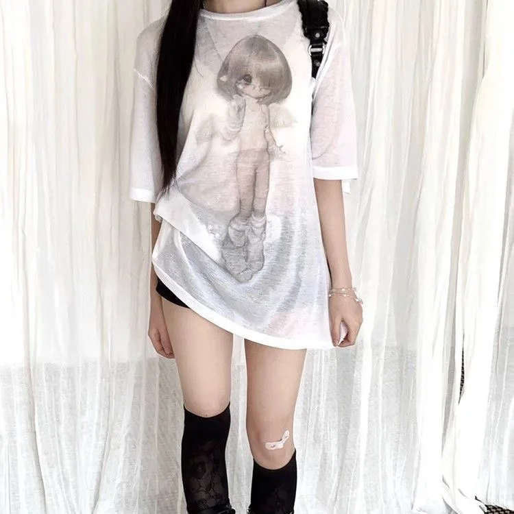 

2025 Roppa Mujer Vintage Casual See Through Cartoon Print Women Y2k T Shirt Casual Cute Tshirts Camisetas Fashion Summer Tees