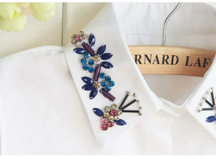 Linbaiway Handmade Beads False Collar for Women Fake Collar Decoration Lapel Blouse Top Female Detachable Collar Lapel Button