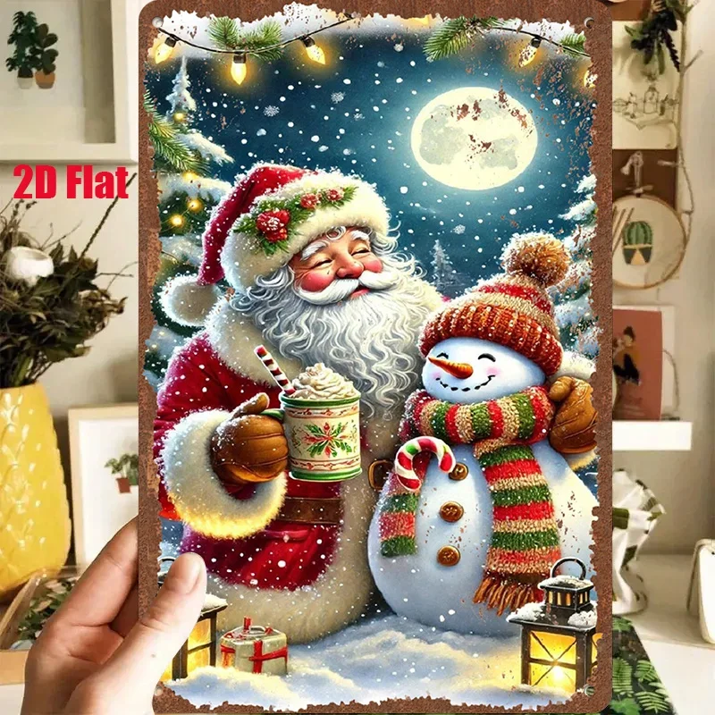 2D Flat, 1pc 2D Flat Metal Sign - Santa Claus and Snowman Enjoying a Cozy Night Together, Holding Hot Drinks, with a Full Moon a