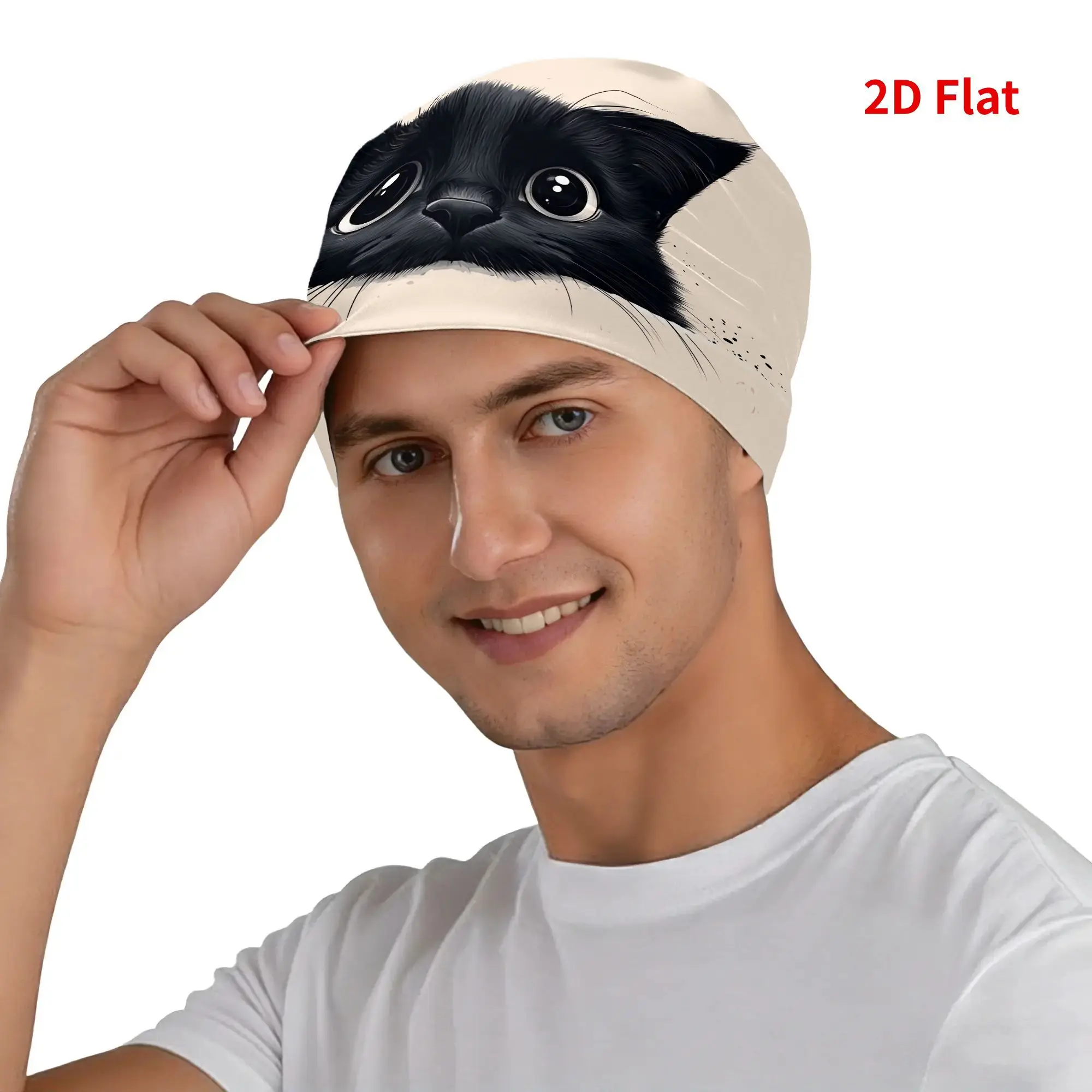 Customization [Cat Print Beanie Hat] Men's Small Black Cat Close-Up Face Cute Animals Looking At You Cap Hat Bonnet Beanie - Fou
