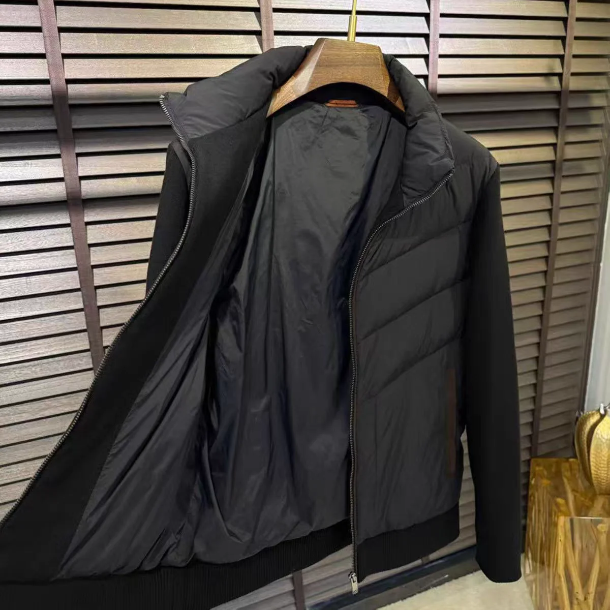 Faionable محبوك المرقعة الوقوف طوق أسفل Jaet الرجال الخريف الشتاء جديد وصول Busin Sle الأبيض دو ريشة سترة #4