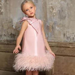 Vestido de fiesta de satén sin mangas para niña, traje de princesa de plumas con lazo, hasta la rodilla, drapeado, hermosa boda para niños