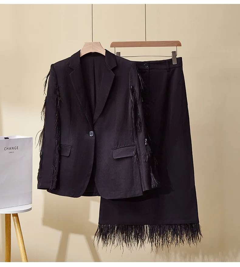 

Women's Spring Summer new suit Suit Linen Heavy Industrial Feather Tassel Half Skirt Temperament Versatile Two-piece Suit