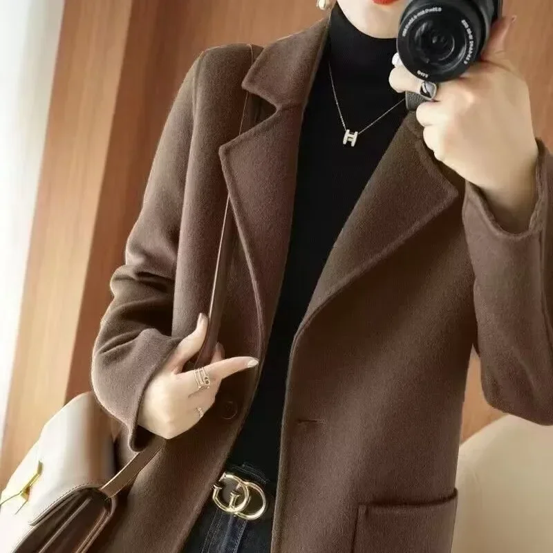 Elegant Women Reversible Cashmere Coat Female Fashion Slim Fit Mid-Length Woolen Outwear One Button Casual Solid Color Outcoat