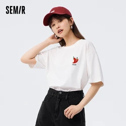 Semir Short-sleeved T-shirt Women Cool Antibacterial 2023 Summer New Loose Embroidered T-shirt