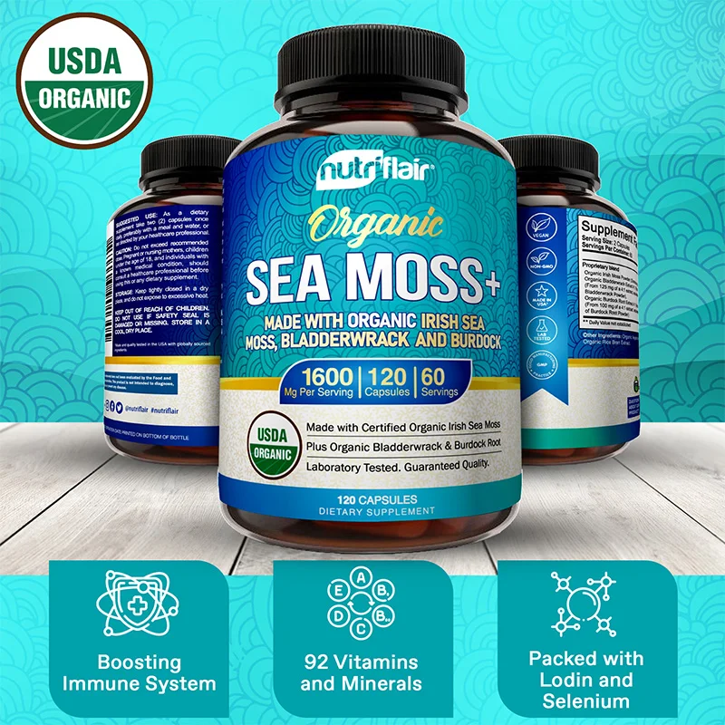 NutriFlair Irish Sea Moss 1600 Mg, 120 Capsules - Thyroid & Immune Support, Cellular, Skin, Hair, Nails, Gut Cleansing