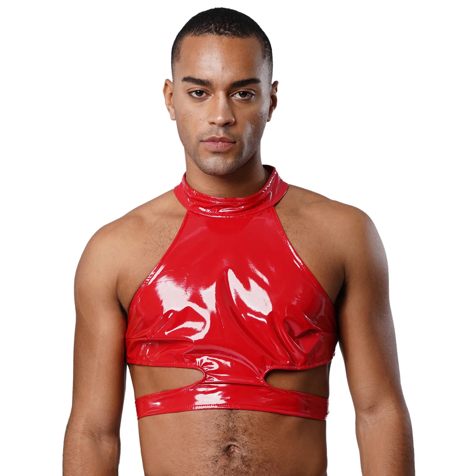 

Мужские сексуальные лакированные кожаные майки с мокрым эффектом, мини-облегающий укороченный жилет без рукавов с лямкой на шее для вечеринки, рейв-наряд, одежда для ночного клуба