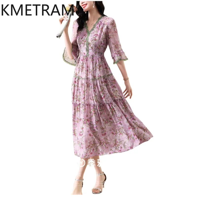 

KMETRAM 100% Mulberry Silk Summer Dress Woman 2026 Printed V-neck Long Dresses Real Silk Party Frocks Women Clothing Vestidos