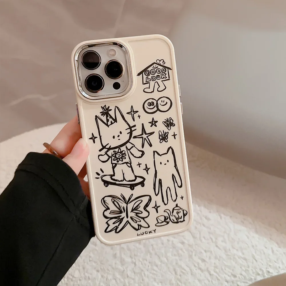 Cartoon Sketch Doodle Animal Lcuky Cat Butterfly Soft Cover Case for iPhone 16 15 14 13 12 Pro Max 7 8 Plus X XR XS