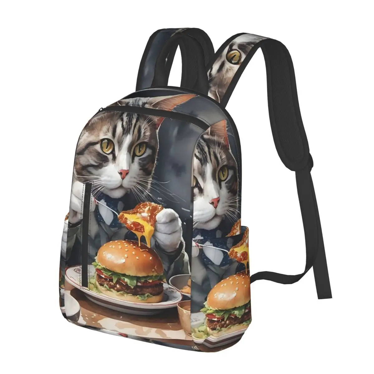 A Cat Eating A Hamburger Student Backpack School Bag Hiking Travel Daypack for Boys Girls Bookbag Shoulder Bags