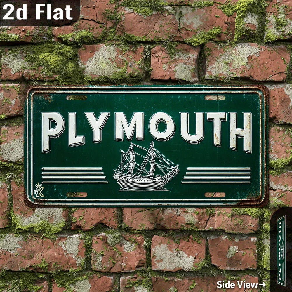 2D Flat - [Open ]2D Flat, 2D Flat, Vintage Plymouth Metal Sign - 2D Flat Wall Art with Nautical Ship Design, 30.23 Cm X 15.24 Cm